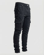 Men's Slim Fit Cargo Jeans with Flap Pockets and Frayed Hems