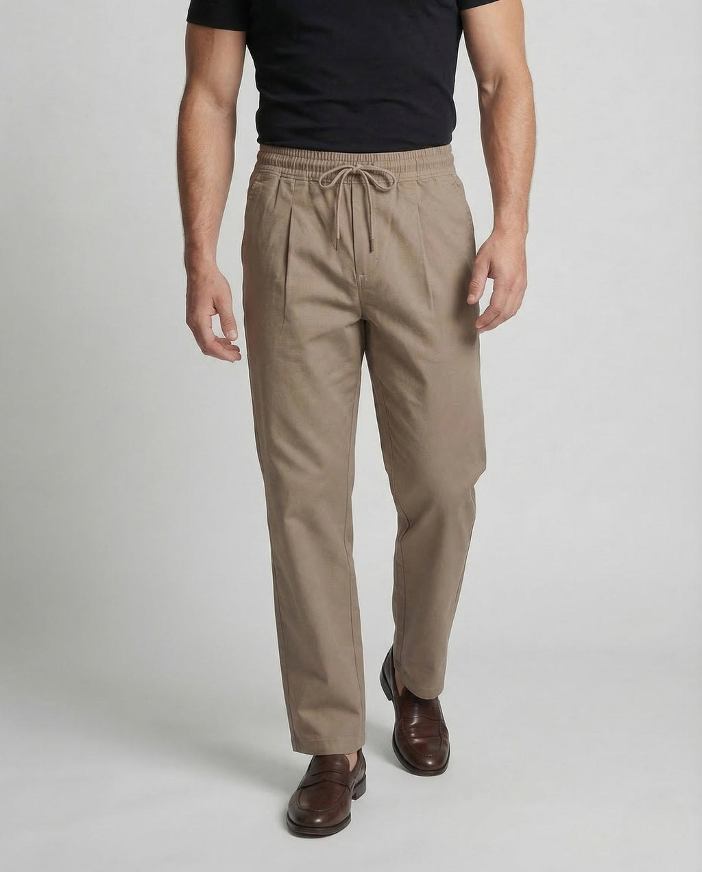Men's Cotton Blend Drawstring Trousers with Front Pleats
