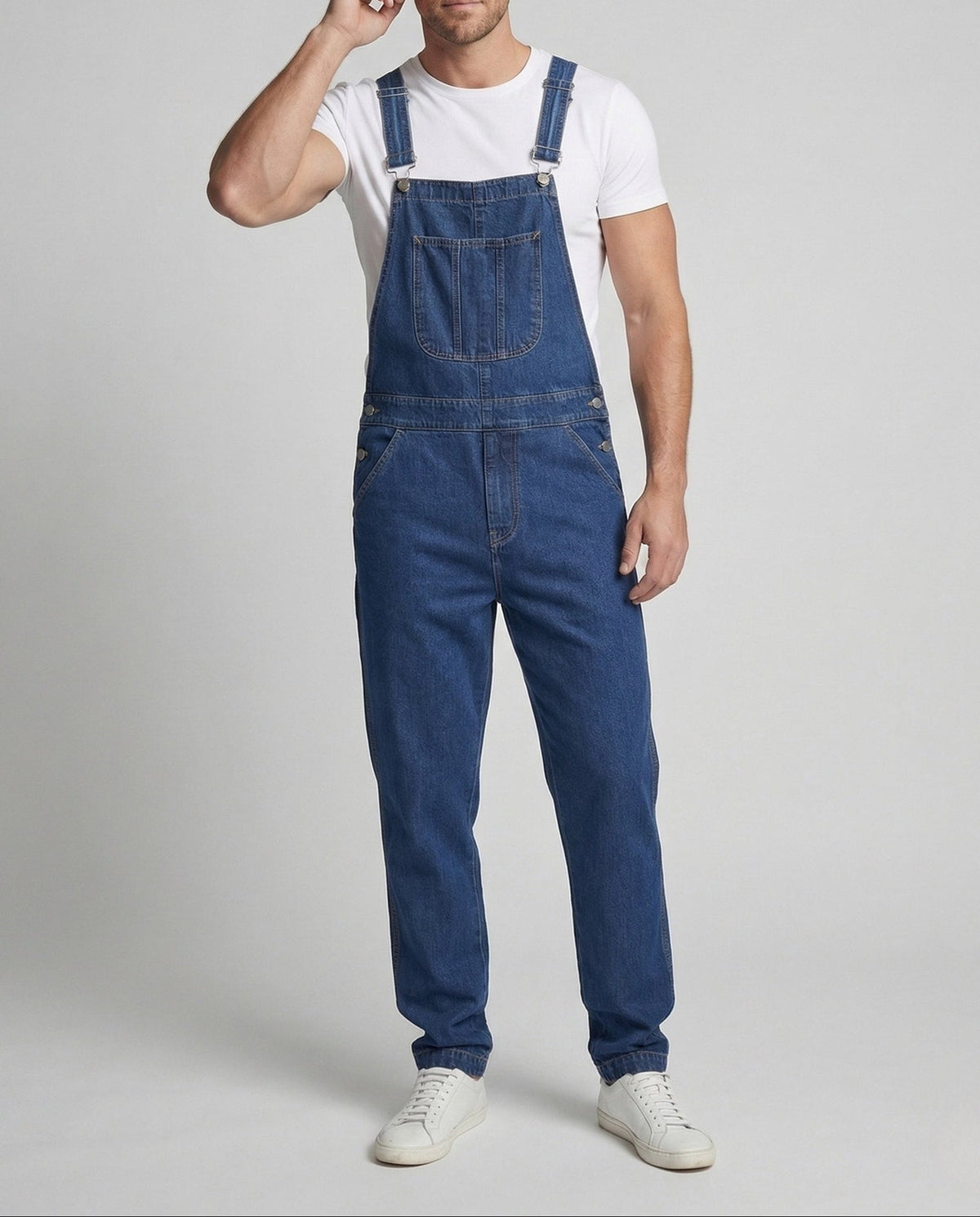 Men's Relaxed Denim Dungarees with Adjustable Straps and Bib Pocket