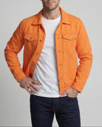 Men's Denim Trucker Jacket with Metal Buttons and Flap Pockets
