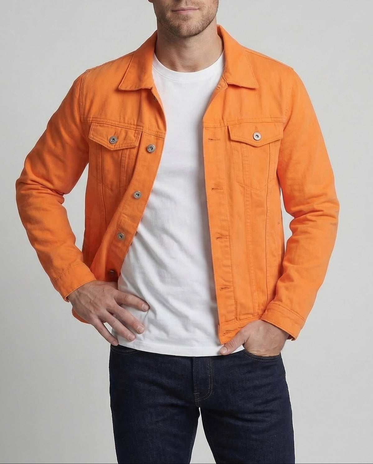 Men's Denim Trucker Jacket with Metal Buttons and Flap Pockets