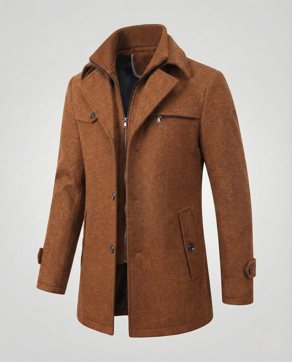 Men's Smart Coat with Layered Collar and Inner Zip