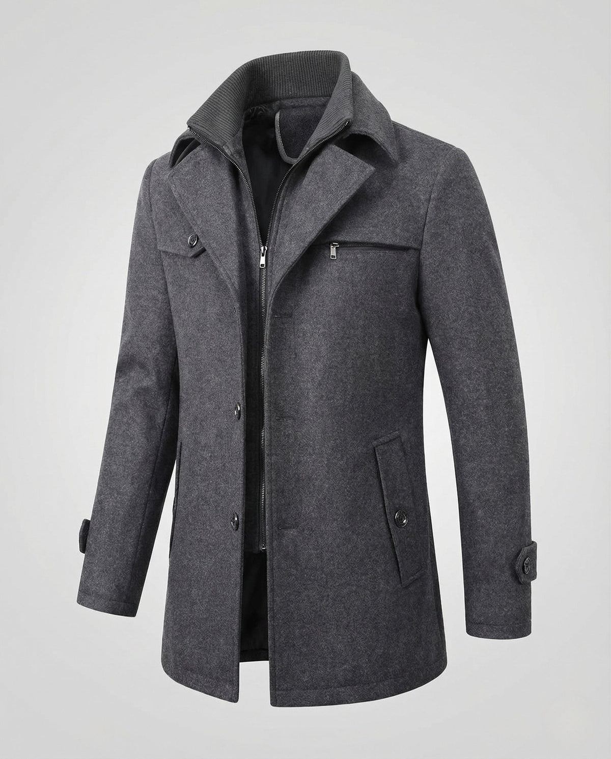 Men's Smart Coat with Layered Collar and Inner Zip