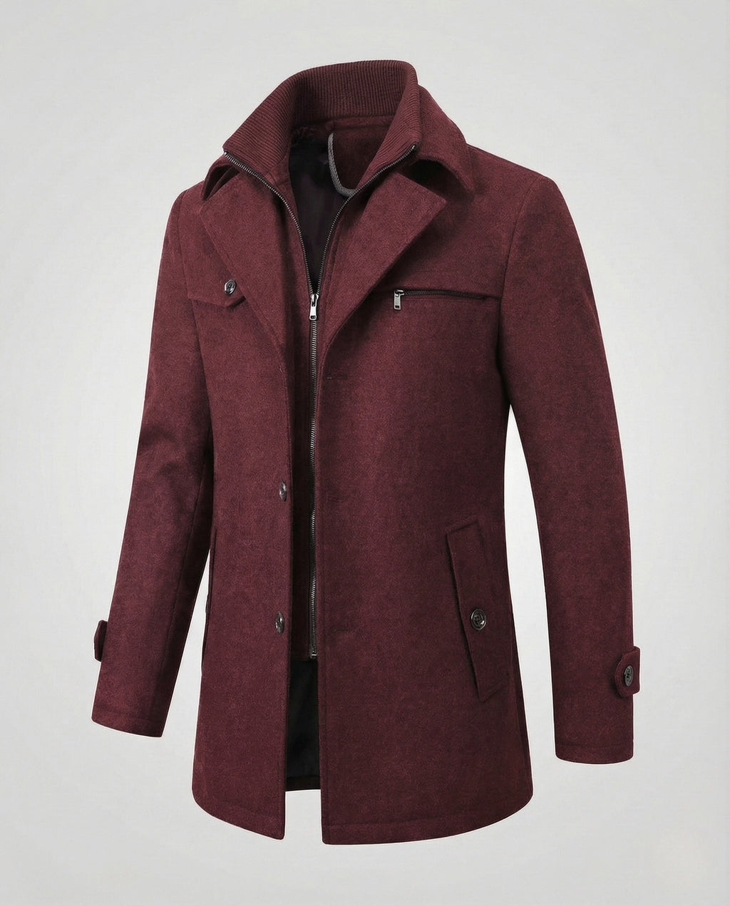 Men's Smart Coat with Layered Collar and Inner Zip