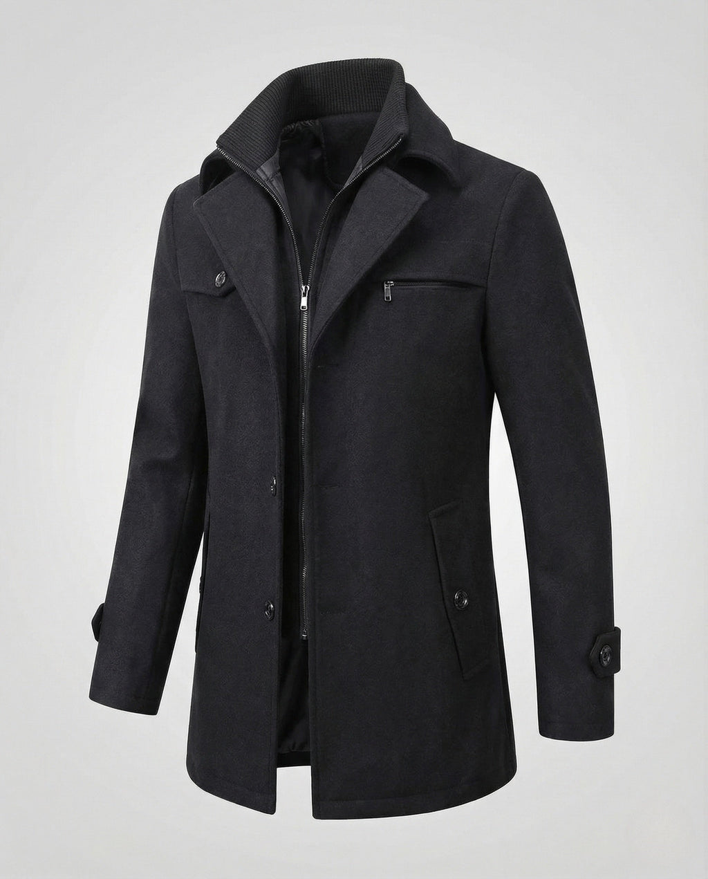 Men's Smart Coat with Layered Collar and Inner Zip