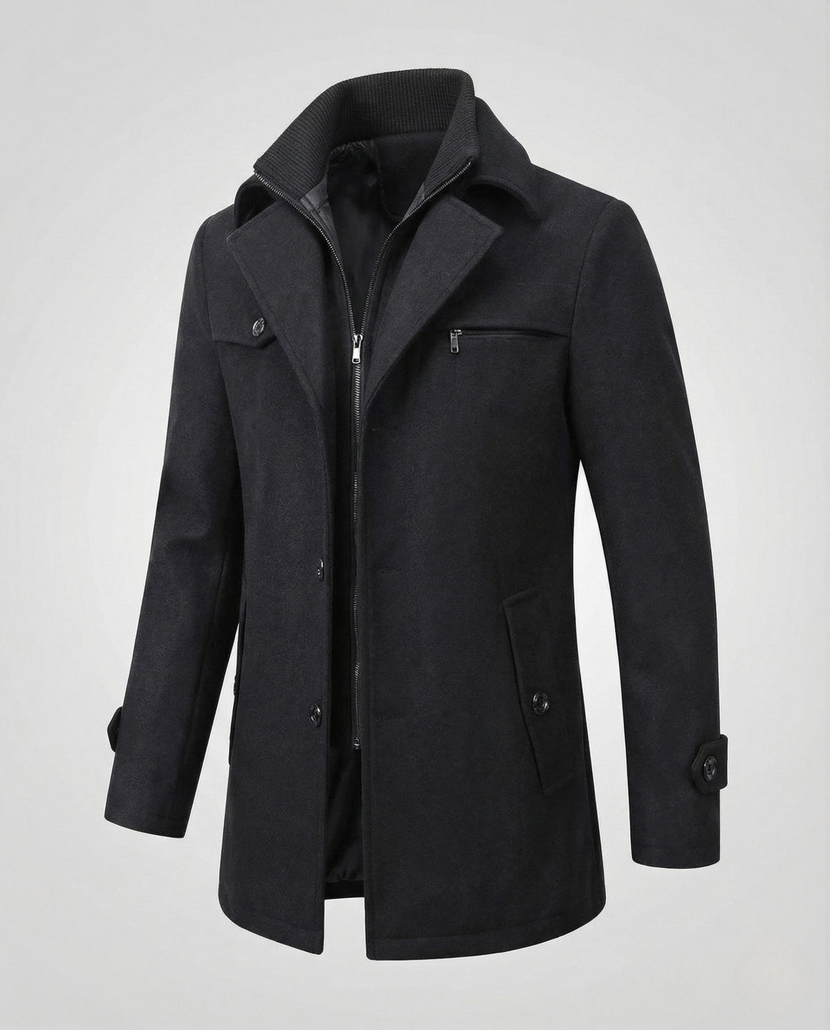 Men's Smart Coat with Layered Collar and Inner Zip