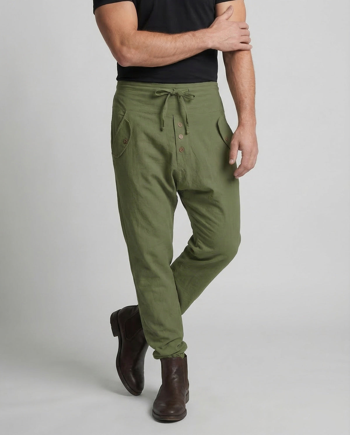 Men's Harem Trousers with Drop Crotch and Drawstring Waist