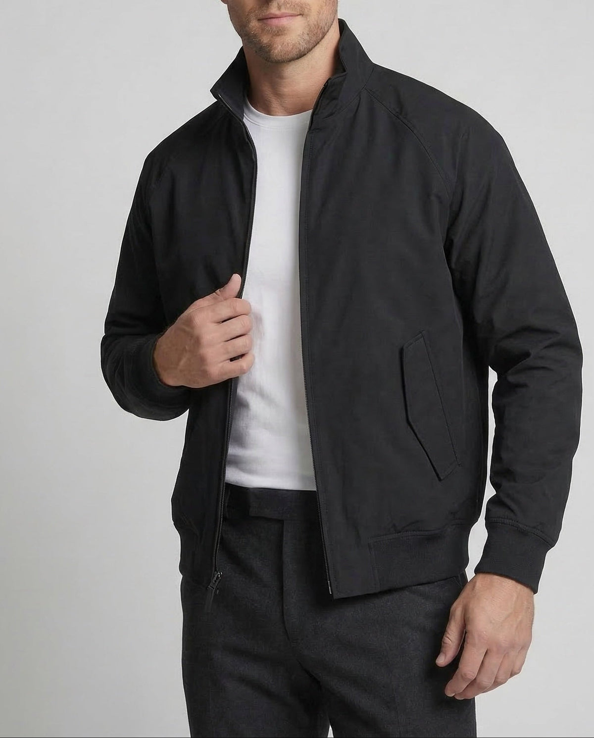 Men's Lightweight Bomber Jacket with Stand Collar and Zip Front