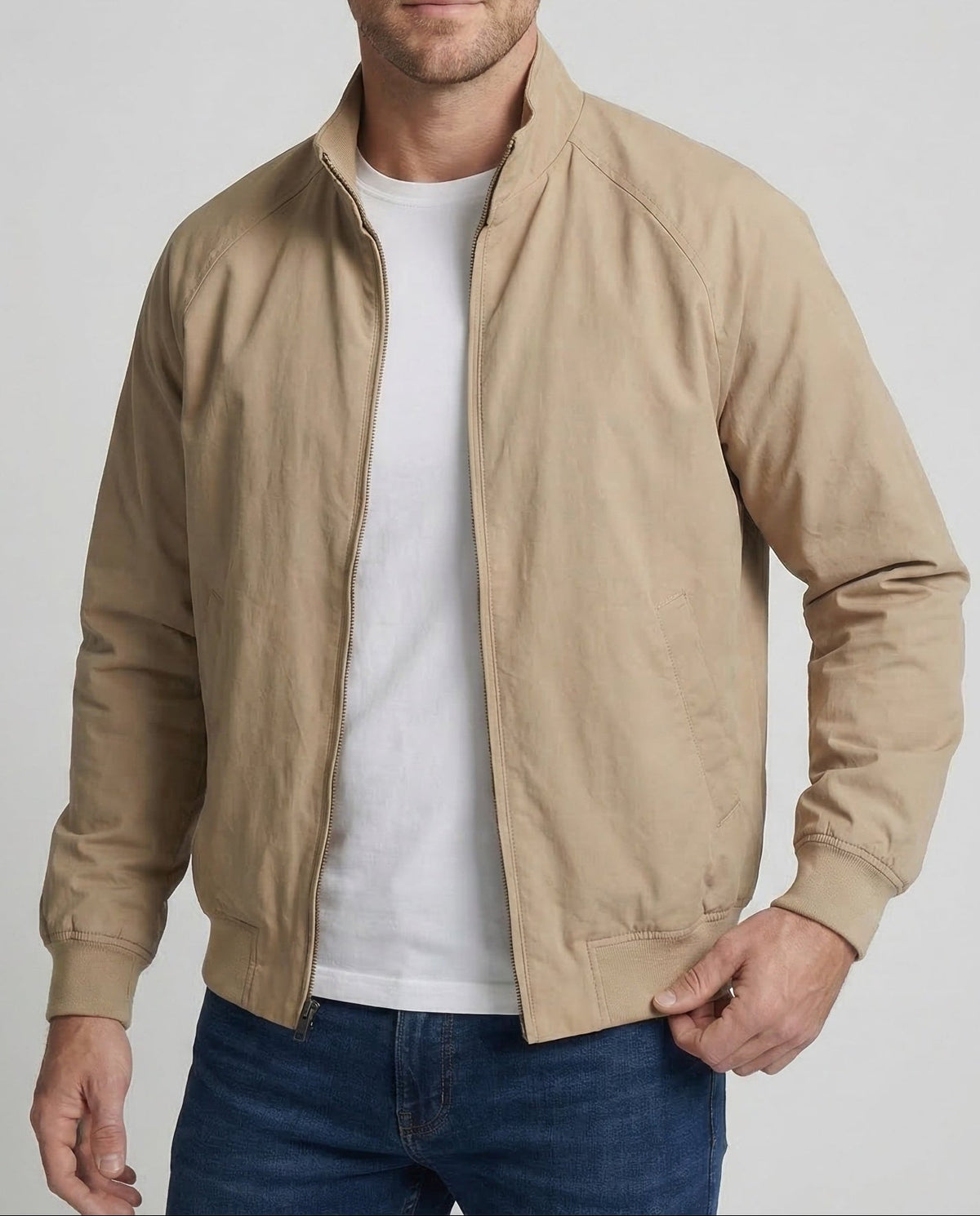 Men's Lightweight Harrington Jacket with Stand Collar and Raglan Sleeves