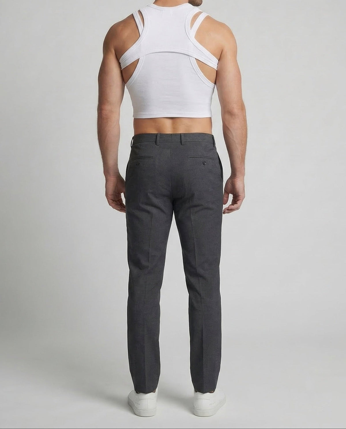 Men's Fitted Crop Top with Layered Straps and Chest Cut-Out