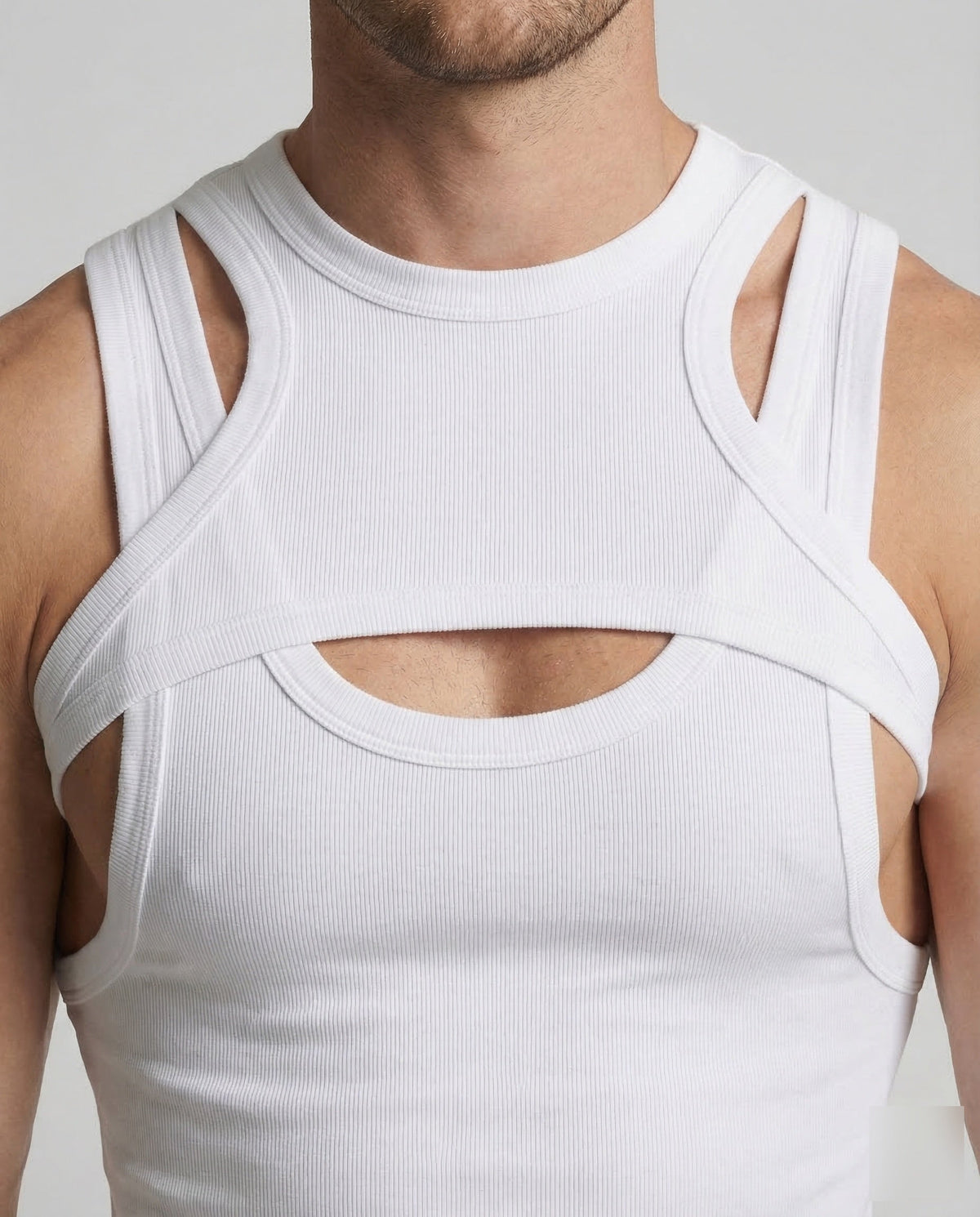 Men's Fitted Crop Top with Layered Straps and Chest Cut-Out