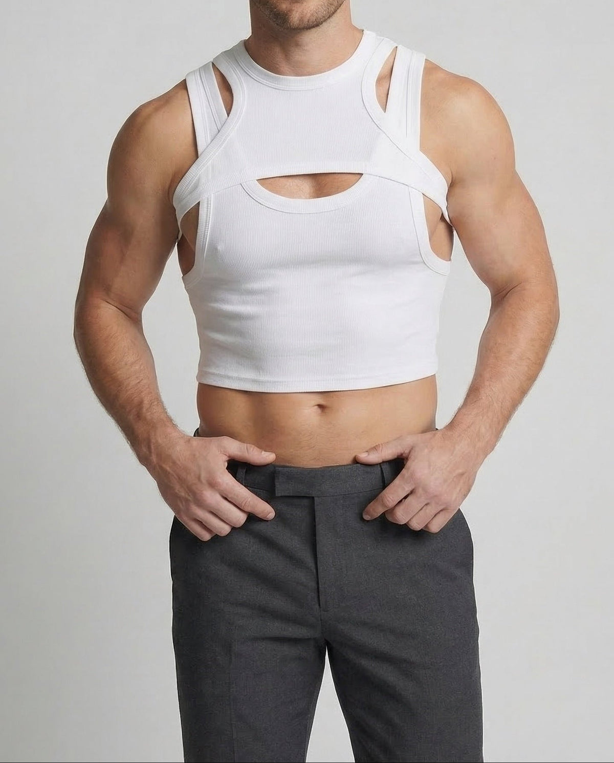 Men's Fitted Crop Top with Layered Straps and Chest Cut-Out
