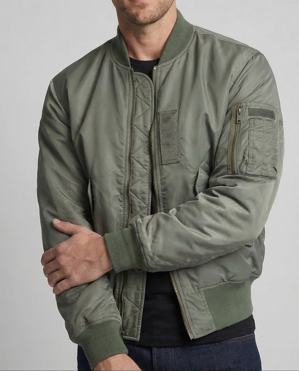 Men's Padded Bomber Jacket with Ribbed Collar and Sleeve Pocket