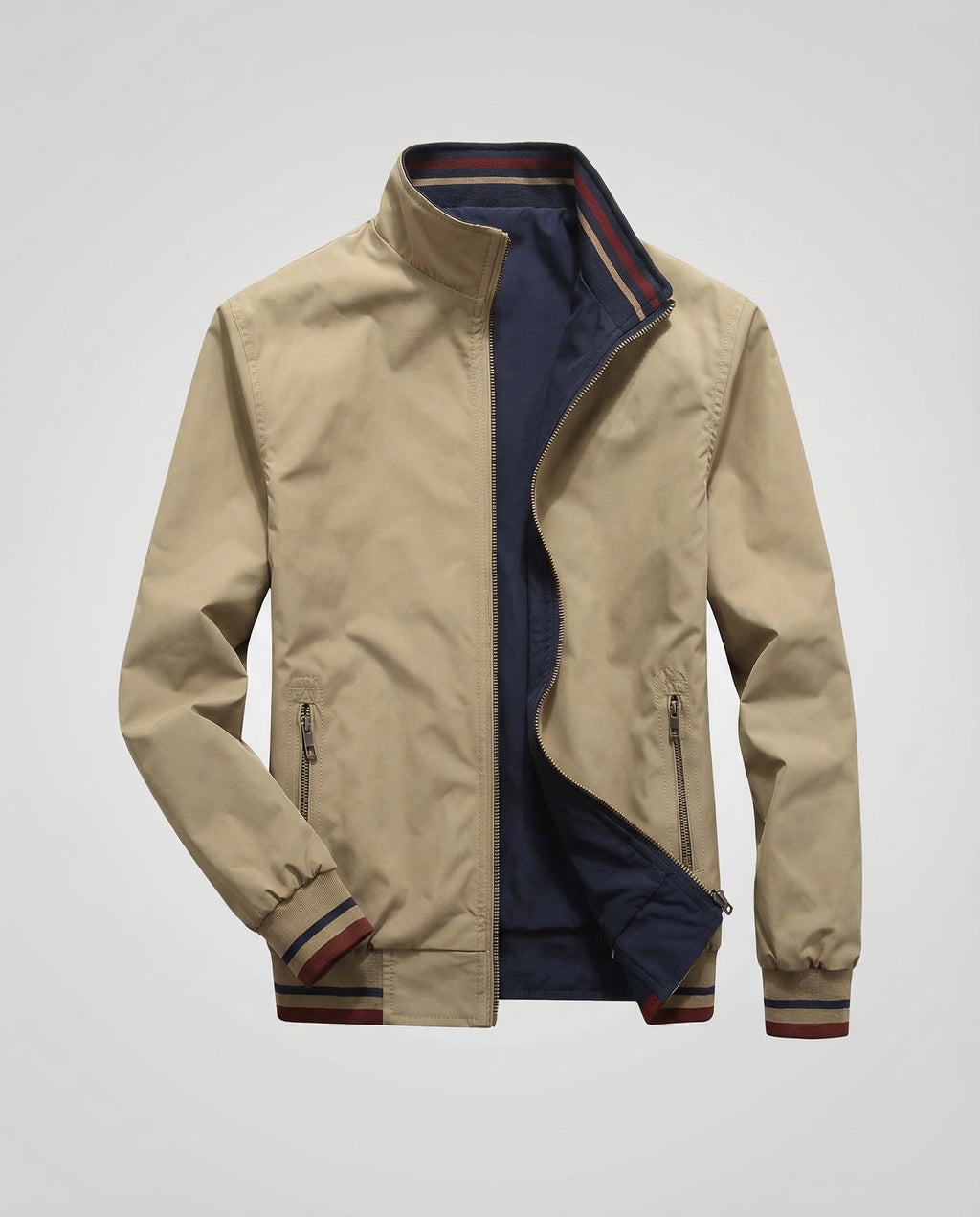 Men's Lightweight Bomber Jacket with Stand Collar and Zipped Pockets
