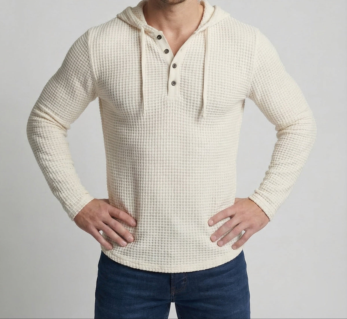Men's Slim Fit Waffle Knit Henley Hoodie with Button Neck