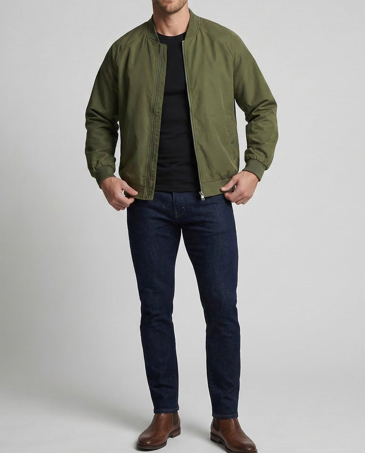Men's Lightweight Bomber Jacket with Raglan Sleeves and Ribbed Collar