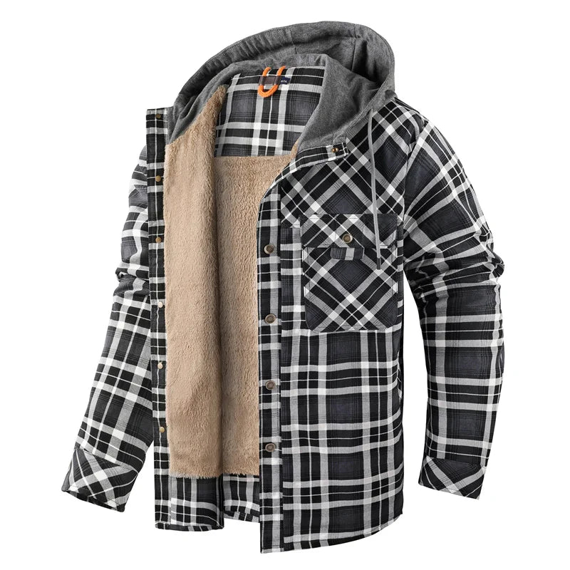 Men's Hooded Fleece-Lined Plaid Shirt Jacket