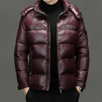 Men's Hooded Down Puffer Jacket – Short Gloss-Finish Coat