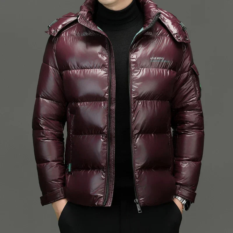 Men's Hooded Down Puffer Jacket – Short Gloss-Finish Coat