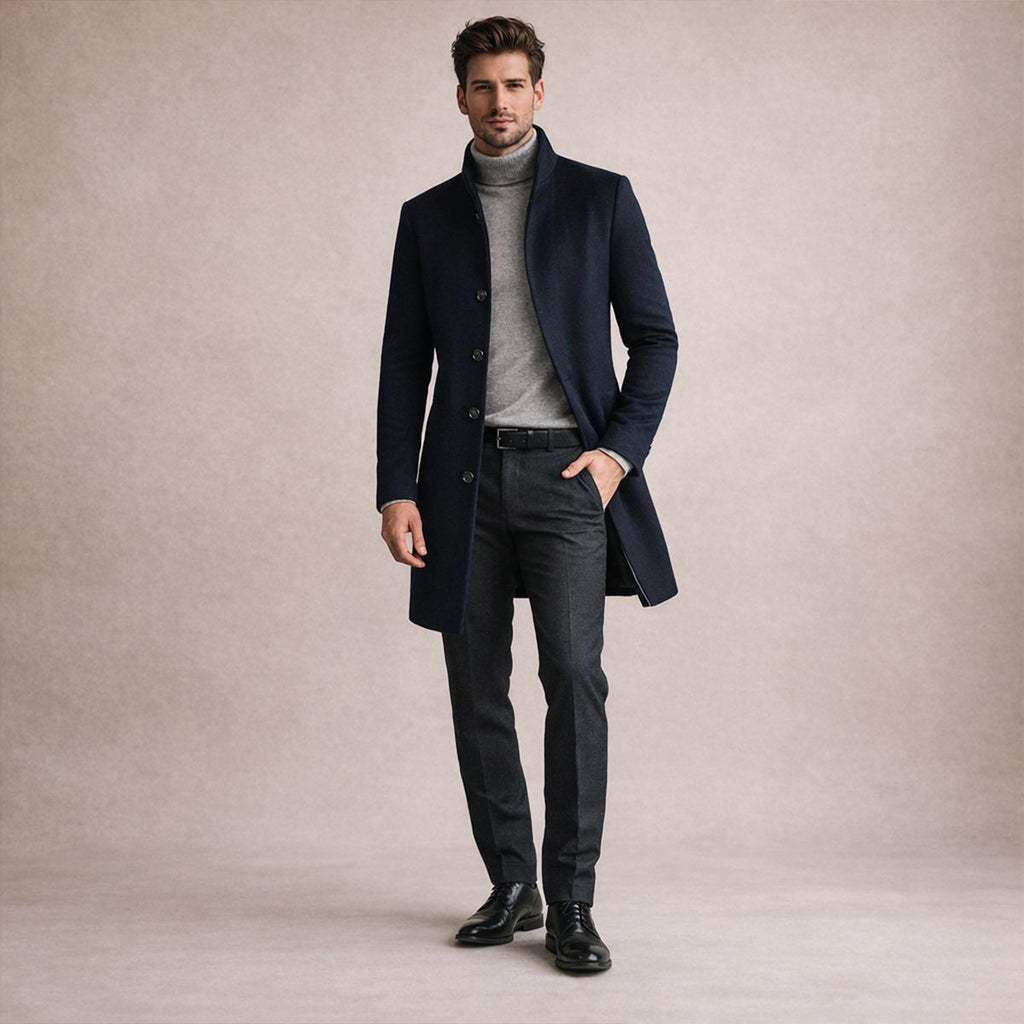 Men's Single-Breasted Wool-Blend Trench Coat – Mid Length