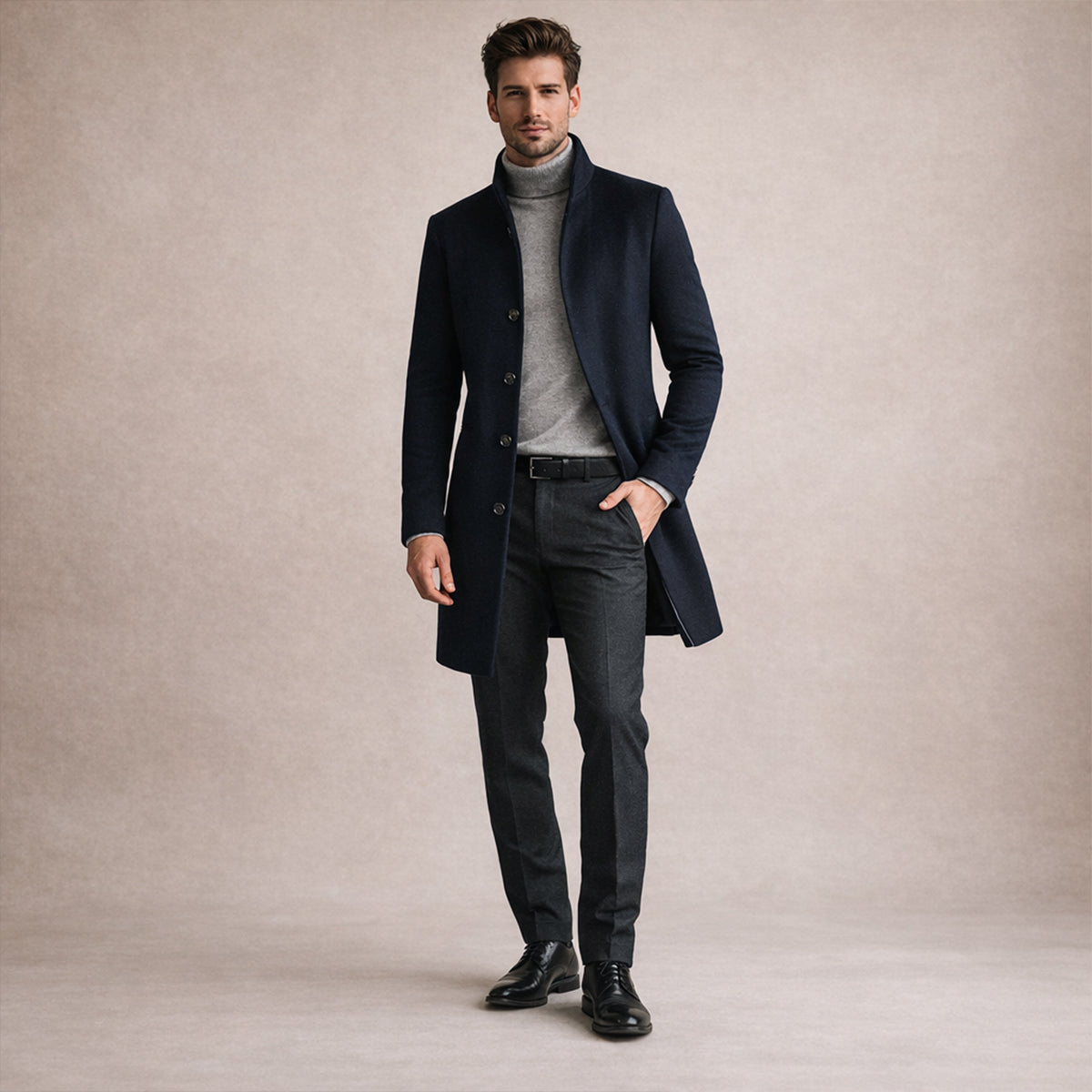 Men's Single-Breasted Wool-Blend Trench Coat – Mid Length