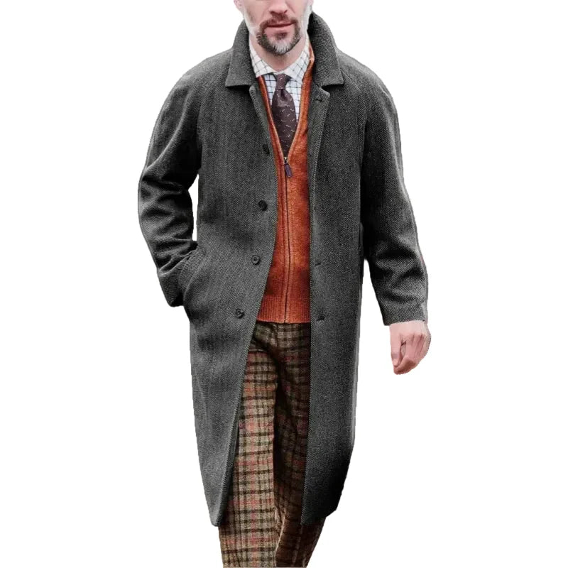 Men's Herringbone Wool-Look Overcoat – Tailored Longline Coat