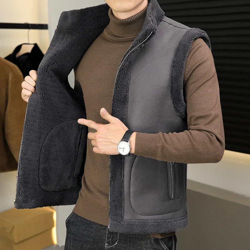 Men's Sherpa Fleece Winter Vest – Reversible Stand-Collar Sleeveless