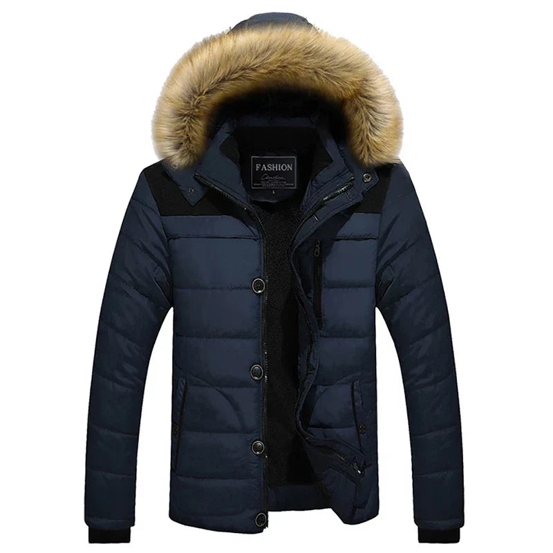Men's Faux-Fur Hooded Puffer Jacket – Insulated Multi-Pocket Winter Layer
