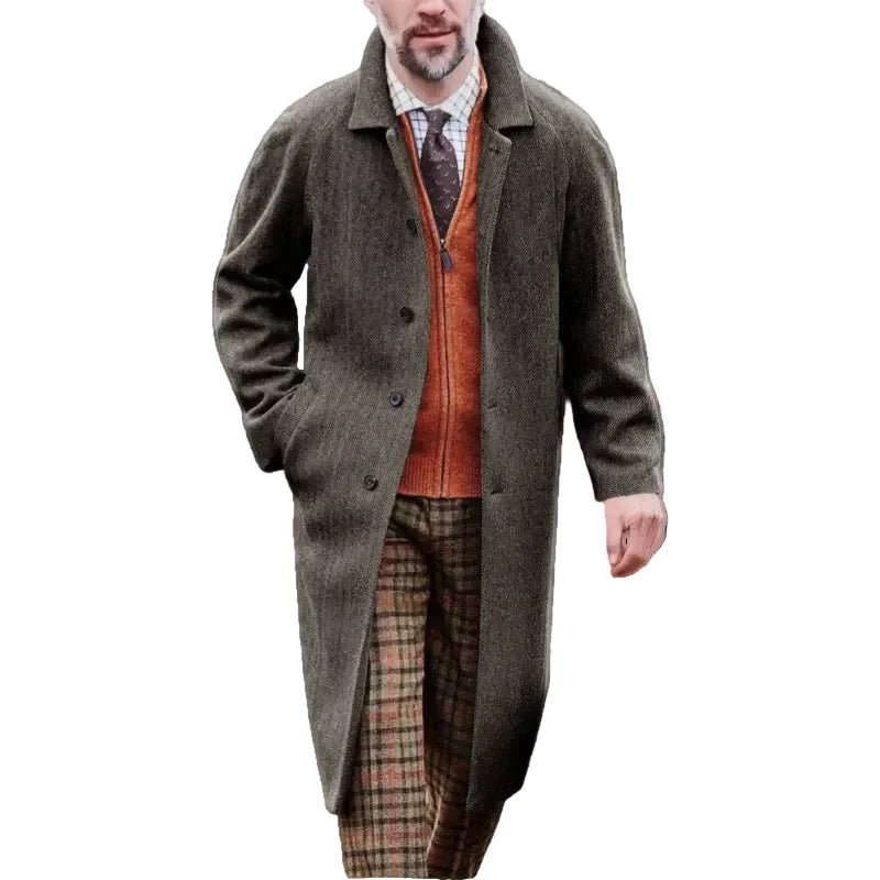 Men's Herringbone Wool-Look Overcoat – Tailored Longline Coat