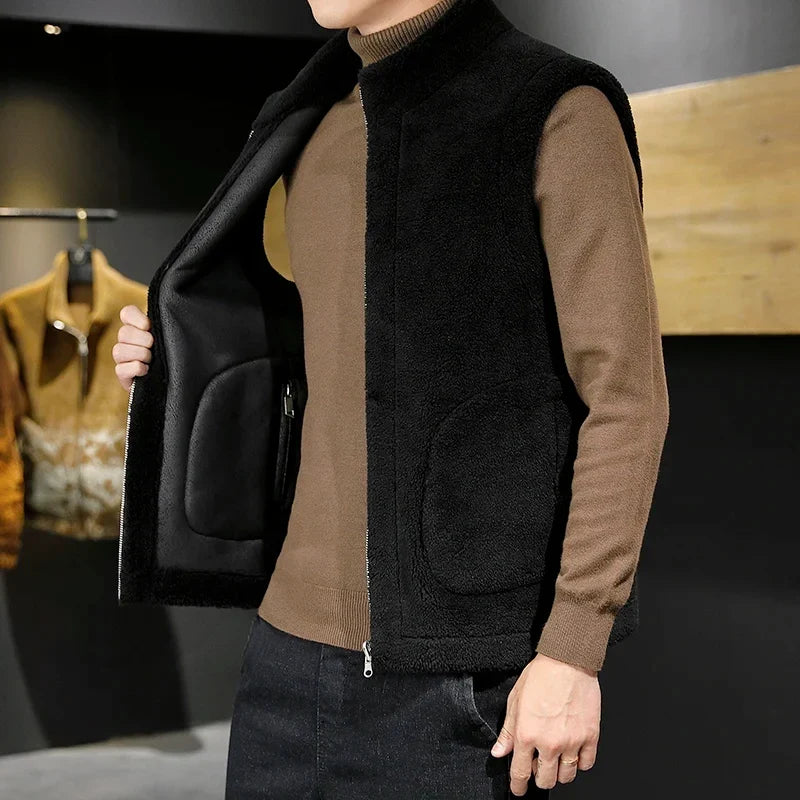 Men's Sherpa Fleece Winter Vest – Reversible Stand-Collar Sleeveless