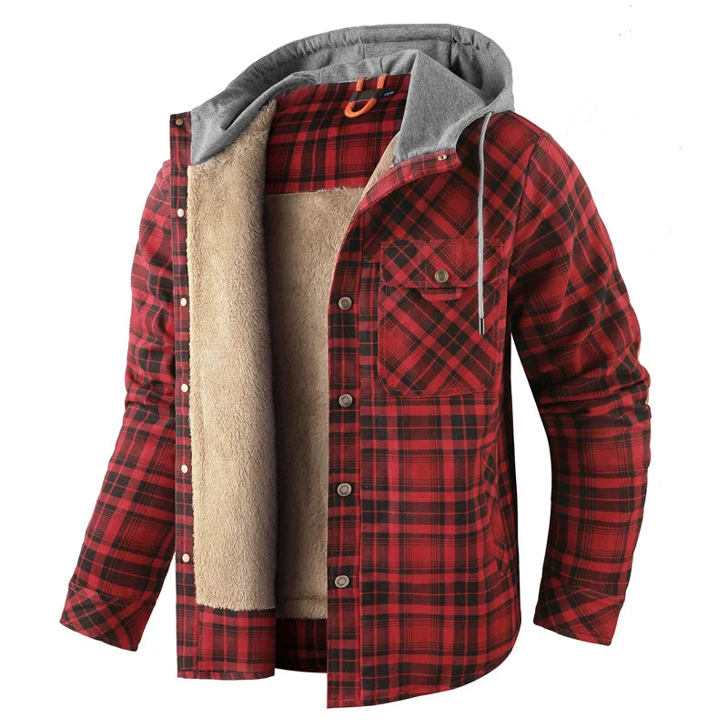 Men's Hooded Fleece-Lined Plaid Shirt Jacket