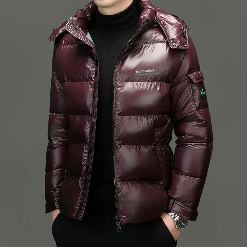 Men's Hooded Down Puffer Jacket – Short Gloss-Finish Coat