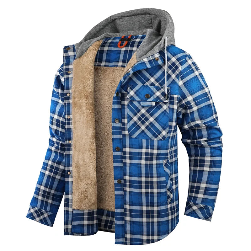 Men's Hooded Fleece-Lined Plaid Shirt Jacket