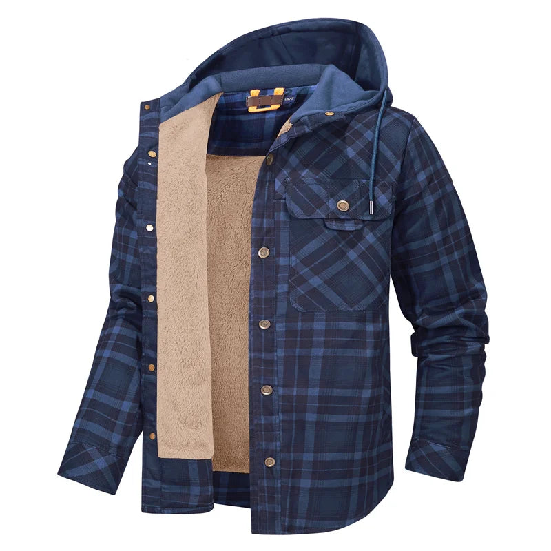 Men's Hooded Fleece-Lined Plaid Shirt Jacket