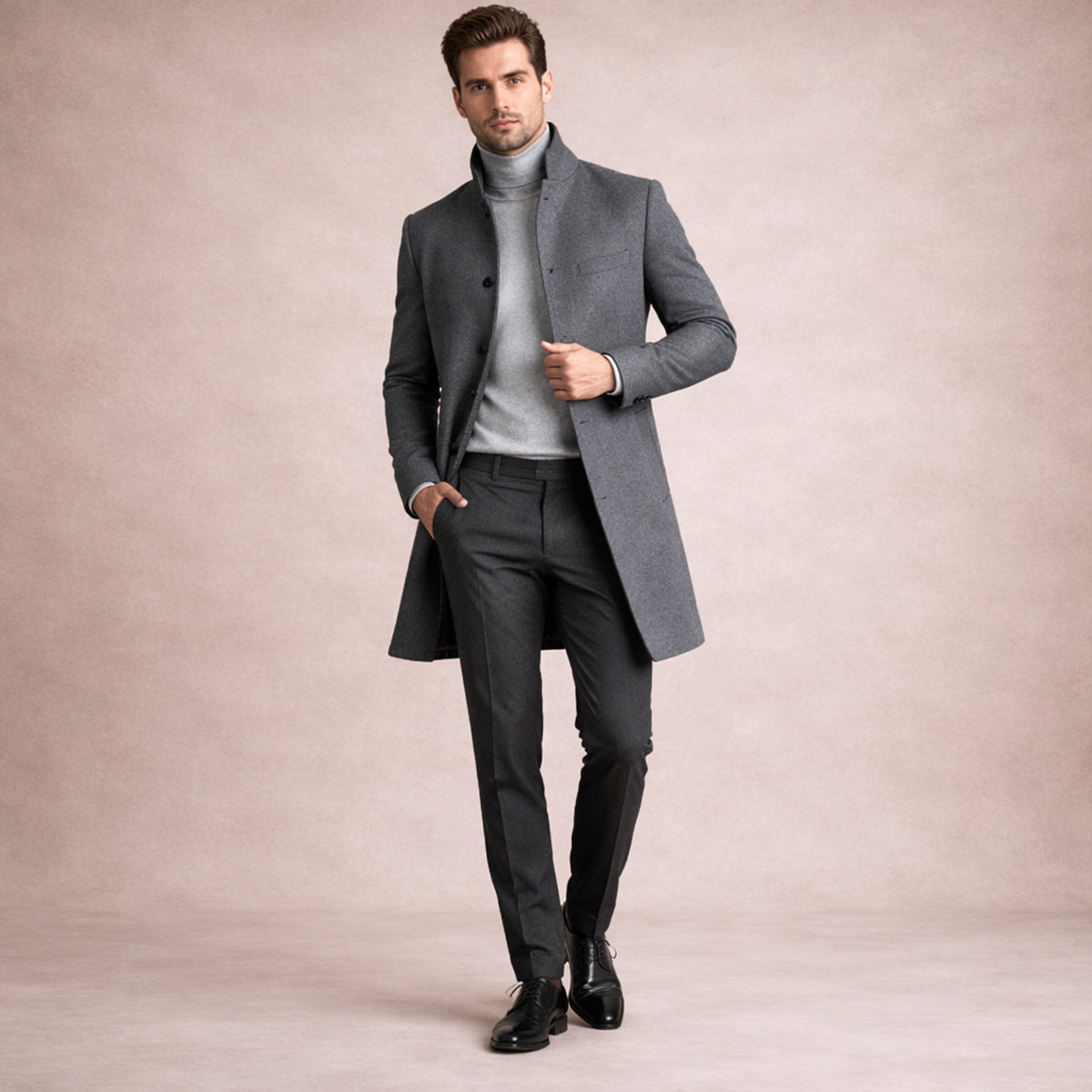 Men's Single-Breasted Wool-Blend Trench Coat – Mid Length