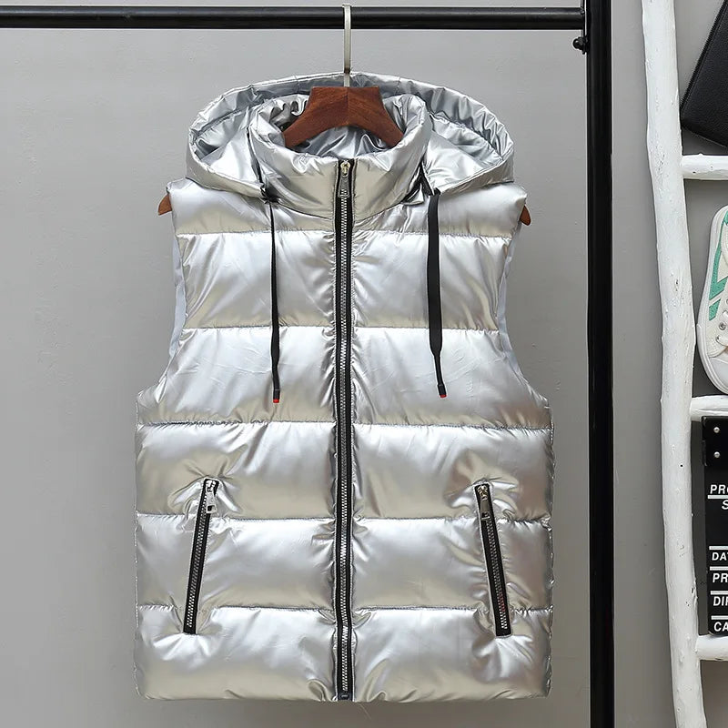 Men's Hooded Puffer Winter Vest – Glossy Padded Sleeveless Zip-Up Gilet