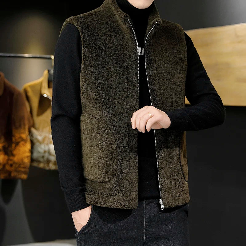 Men's Sherpa Fleece Winter Vest – Reversible Stand-Collar Sleeveless