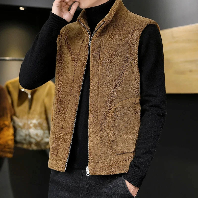 Men's Sherpa Fleece Winter Vest – Reversible Stand-Collar Sleeveless