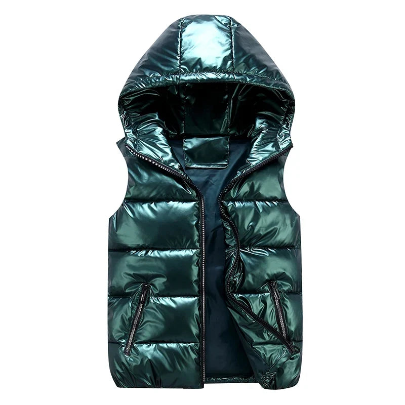 Men's Glossy Cotton Puffer Gilet – Hooded Sleeveless Winter Layer