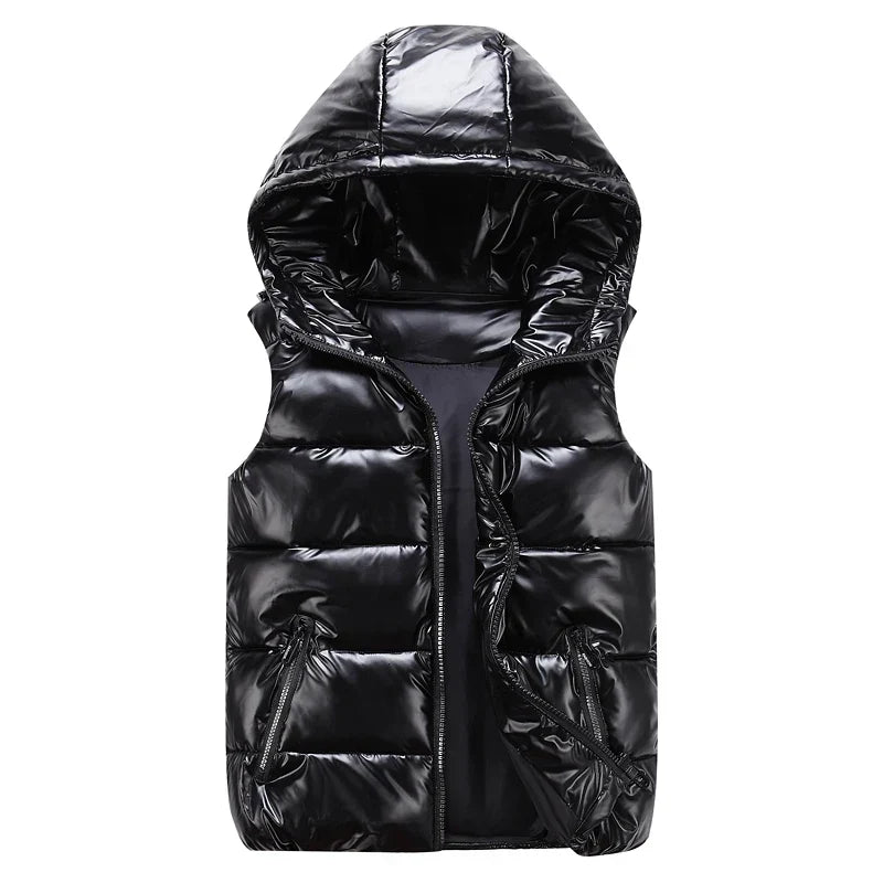 Men's Glossy Cotton Puffer Gilet – Hooded Sleeveless Winter Layer