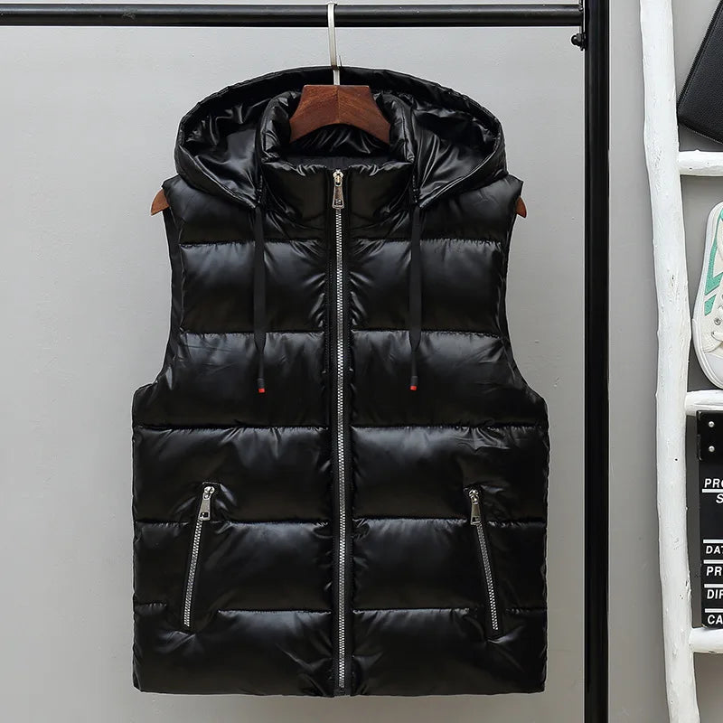 Men's Hooded Puffer Winter Vest – Glossy Padded Sleeveless Zip-Up Gilet