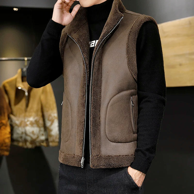 Men's Sherpa Fleece Winter Vest – Reversible Stand-Collar Sleeveless