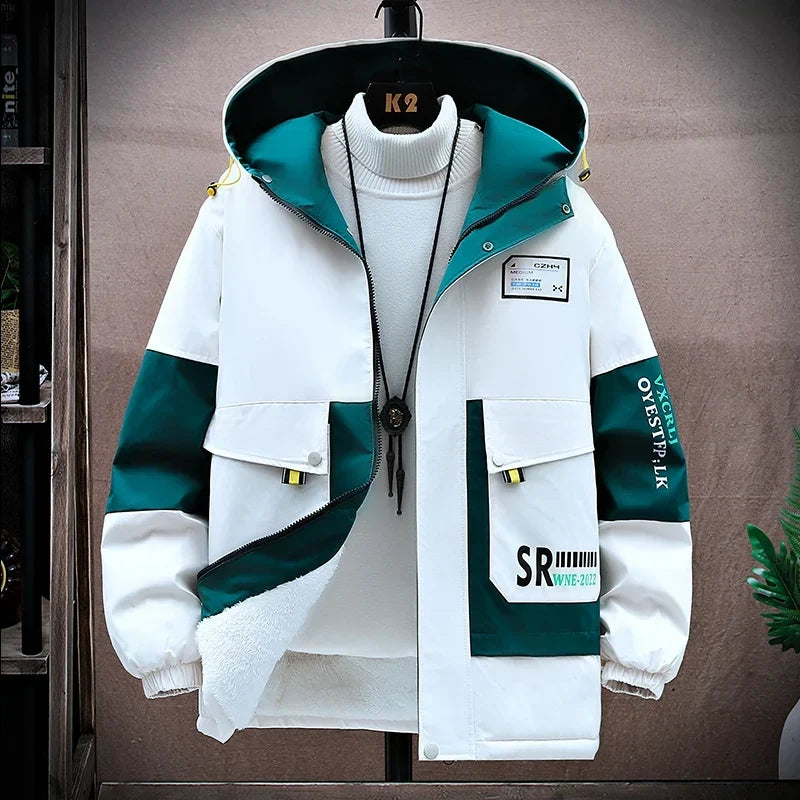 Men's Plush-Lined Hooded Winter Jacket – Windproof Colour-Block Insulated