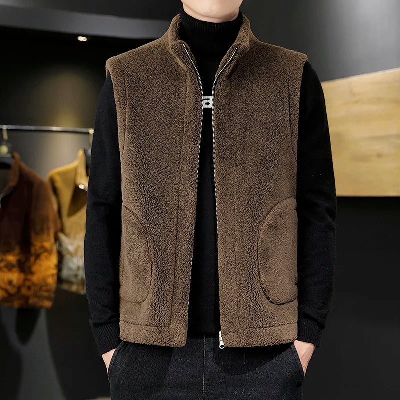 Men's Sherpa Fleece Winter Vest – Reversible Stand-Collar Sleeveless