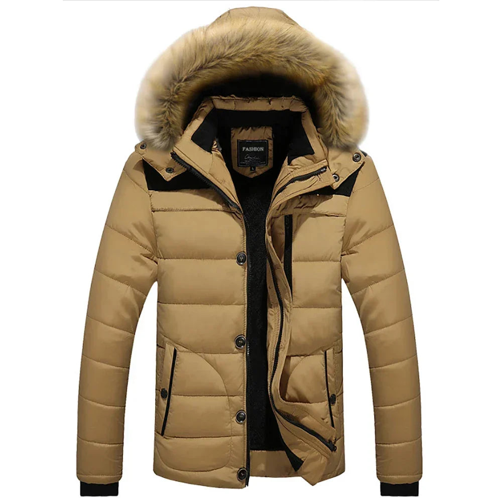 Men's Faux-Fur Hooded Puffer Jacket – Insulated Multi-Pocket Winter Layer
