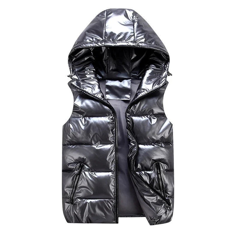 Men's Glossy Cotton Puffer Gilet – Hooded Sleeveless Winter Layer