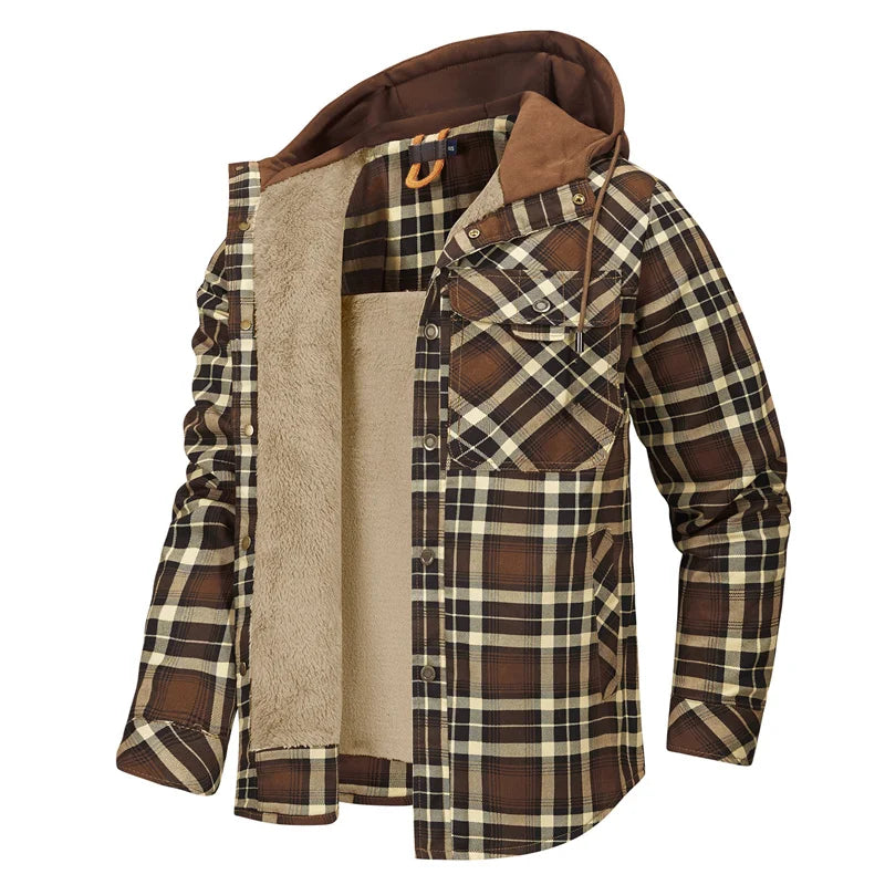 Men's Hooded Fleece-Lined Plaid Shirt Jacket