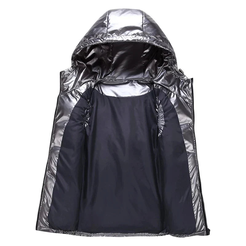 Men's Glossy Cotton Puffer Gilet – Hooded Sleeveless Winter Layer