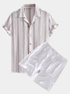 Men's Mesh Cuban Shirt Set – linen-look Blend Drawstring Shorts