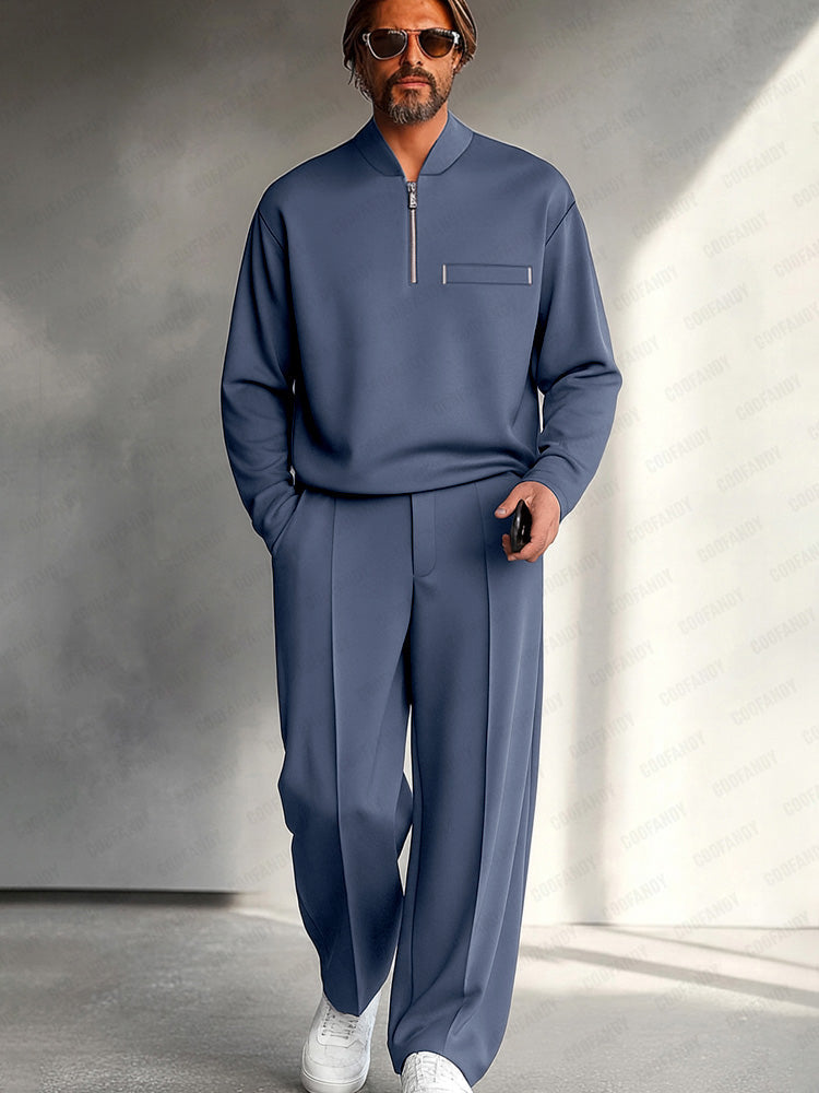 Men's Half-Zip Two-Piece Set – Relaxed Long-Sleeve Top and Wide-Leg